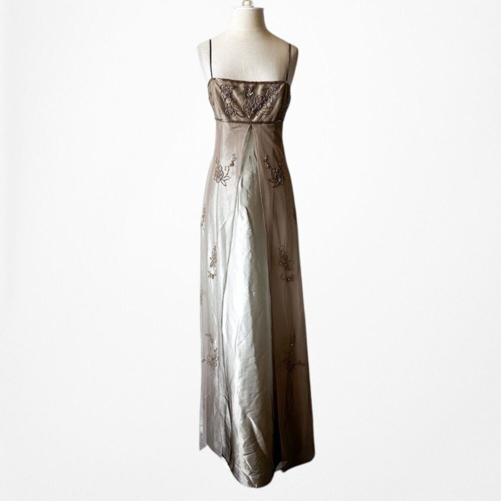 Vintage Y2K Beige Gold Mesh Satin Floral Beaded Formal Maxi Prom Dress Size M/L - Picture 5 of 12